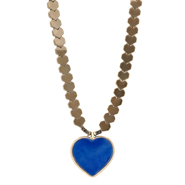 Murano Glass Blue Heart Pendant Gold Hematite Happy Necklace For Sale - Image 10 of 10
