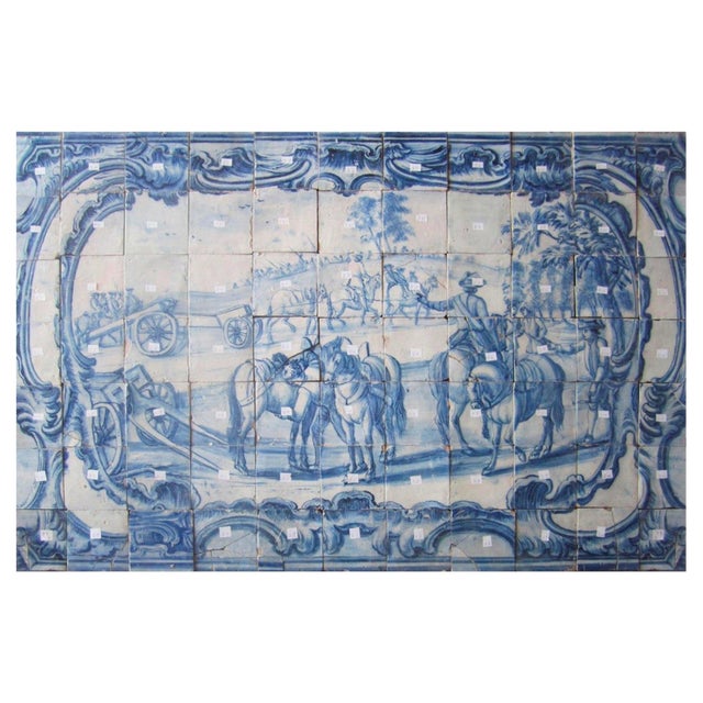 18th Century Portuguese Azulejos Tiles Panel with Hunting Scene For Sale