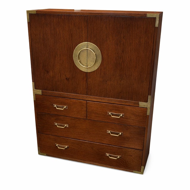 Mid-Century Set of 2 Stackable Chinoiserie Rosewood Campaign Style Cabinet and Chest of Drawers With Retractable Pull-Up Side Handles For Sale - Image 13 of 13