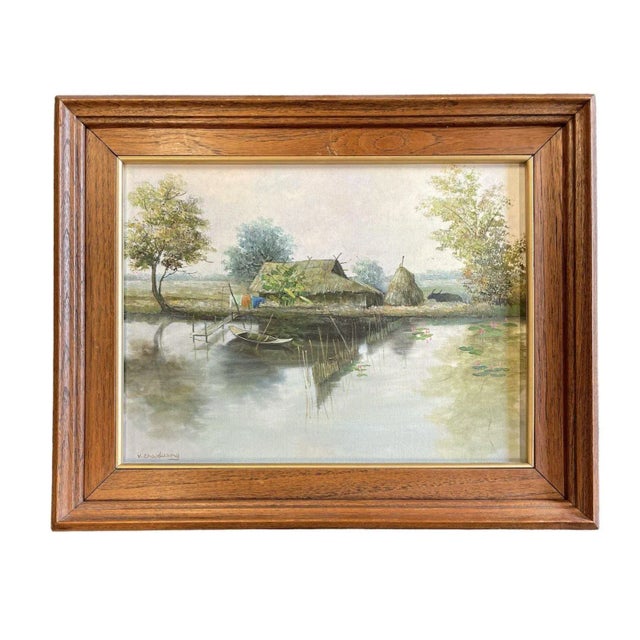 V. Chaiduang, Village View Near the Water, Late 20th Century, Oil on Canvas For Sale - Image 3 of 4