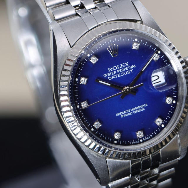 Rolex Datejust 16014 Blue Vignette Diamond Dial 36mm Steel White Gold Watch For Sale - Image 9 of 17