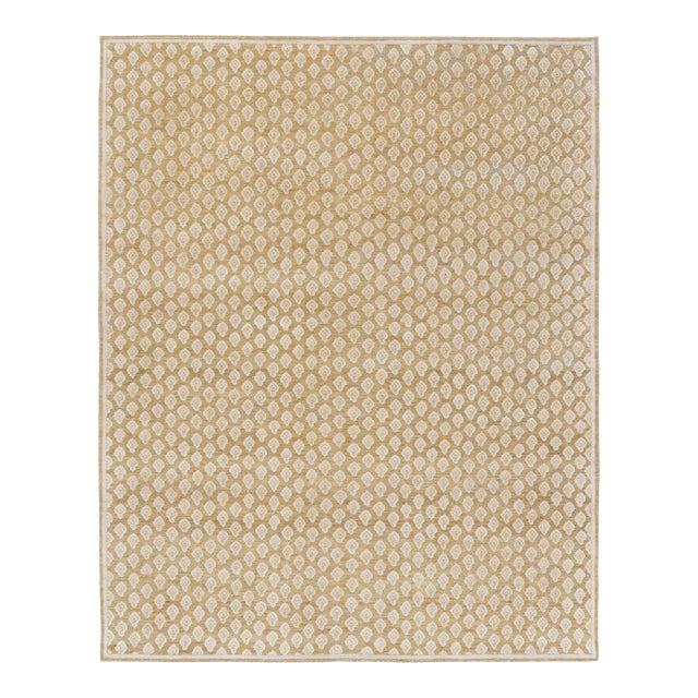 Rug & Kilim’s Modern Block Print Runner Rug in Gold with Cream Floral Pattern - 3x10 For Sale