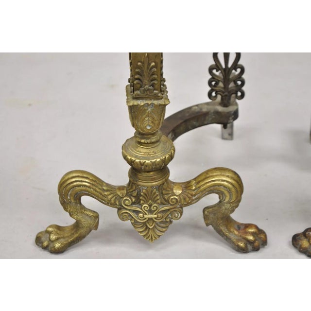Gold Antique French Empire Bronze Urn Finial Fireplace Andirons With Paw Feet - a Pair For Sale - Image 8 of 12