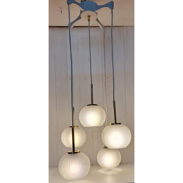 Metal Vintage Five-Light Cascade Lamp with White Plastic Frame and Frosted Glass Shades, 1970s For Sale - Image 7 of 9