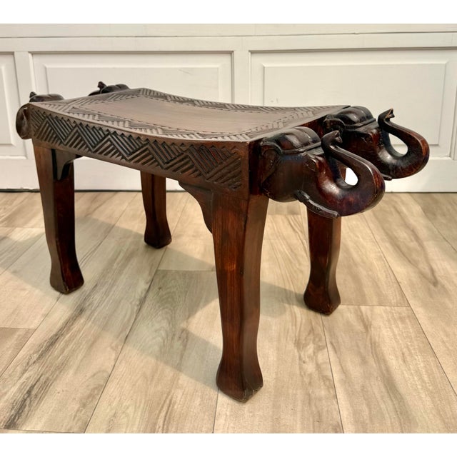 Vintage Indian Hand-Carved Solid Wood Elephant Bench For Sale - Image 11 of 12