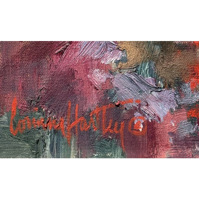 A vibrant and joyful oil painting by listed American Impressionist Corinne Hartley (1924–2020), depicting a young blonde...