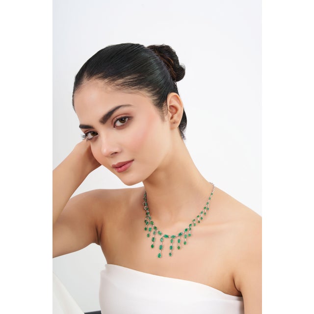 Not Yet Made - Made To Order 18k White Gold 22.17ct Natural Emerald Chandelier Vintage Necklace With Diamonds For Sale - Image 5 of 16