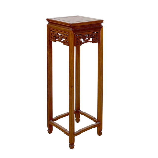 Chinoiserie Chinese Oriental Square Light Brown Stain Plant Stand Pedestal Table For Sale - Image 3 of 6