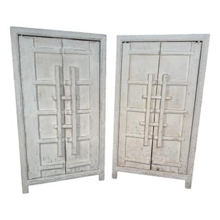 1960s Set of 2 Rustic Whitewashed Wooden Armoire With Geometric Relief Doors For Sale