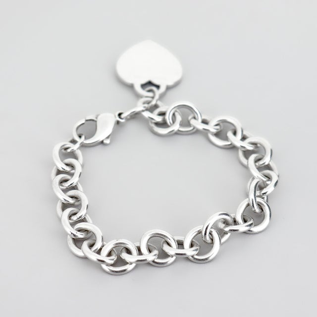Silver Vintage Tiffany & Co Sterling Silver Cable Link Bracelet With Heart Tag / Charm For Sale - Image 8 of 11