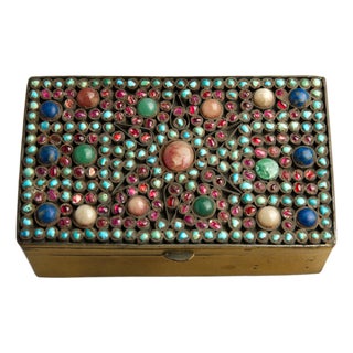 Mid 20th Century Nepalese Style Brass Jewelry Box With Turquoise, Lapis Lazuli & Chalcedony Inlay For Sale
