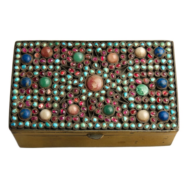 Mid 20th Century Nepalese Style Brass Jewelry Box With Turquoise, Lapis Lazuli & Chalcedony Inlay For Sale