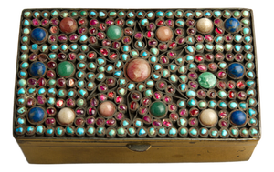 Mid 20th Century Nepalese Style Brass Jewelry Box With Turquoise, Lapis Lazuli & Chalcedony Inlay