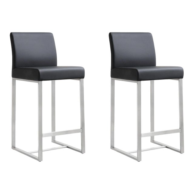 Denmark Black Vegan Leather & Steel Counter Stools - Set of 2 For Sale