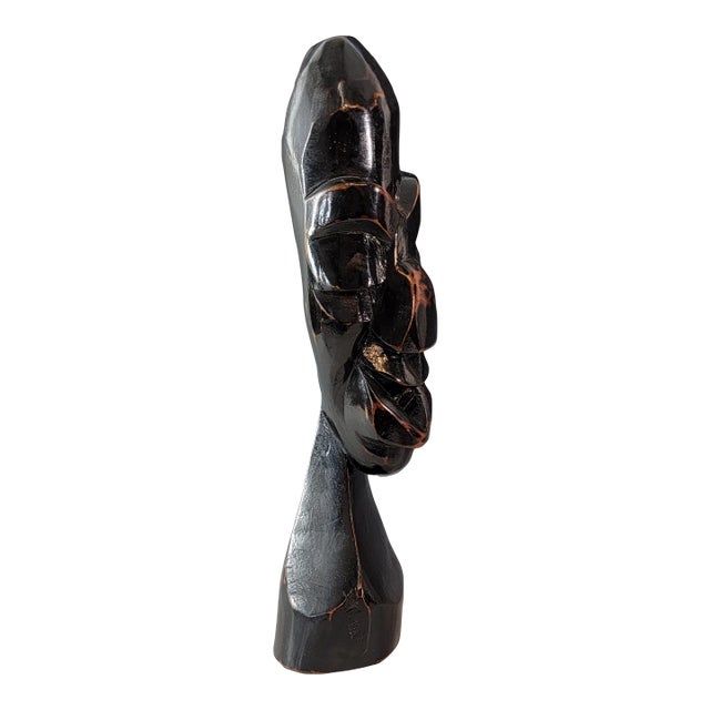 Abstract Hand Carved Ebony Wood Bust Sculpture, African Tribal Brutalist Modern For Sale
