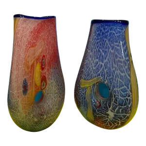 Handblown Vibrant Tear Shaped Donut Hole Art Glass Vases - a Pair
