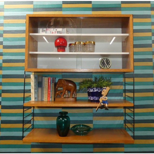 Mid-Century Modern Teak String Shelving Unit with Display Cabinet and Black Ladders by Kajsa & Nils Nisse Strinning for String, Sweden, 1960s For Sale - Image 6 of 10