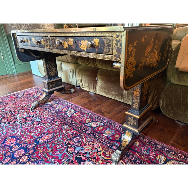 Early 19th Century Early 19th Century Regency Brass-Mounted Black Lacquer and Parcel-Gilt Chinoiserie Sofa Table For Sale - Image 5 of 12