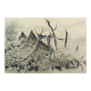 Early 20th Century Stone House Ruin Watercolor Painting