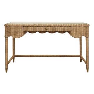 Matthew Izzo Home Zoey One Drawer Rattan Desk With Glass Top For Sale