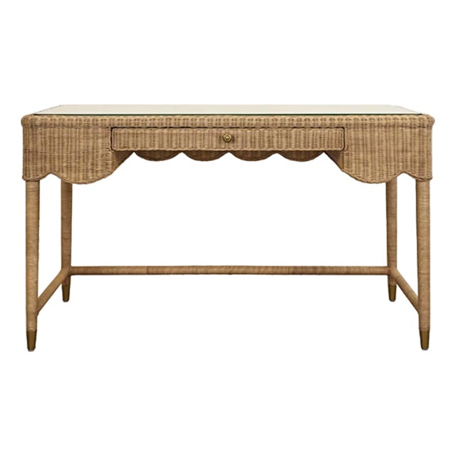 Matthew Izzo Home Zoey One Drawer Rattan Desk With Glass Top For Sale