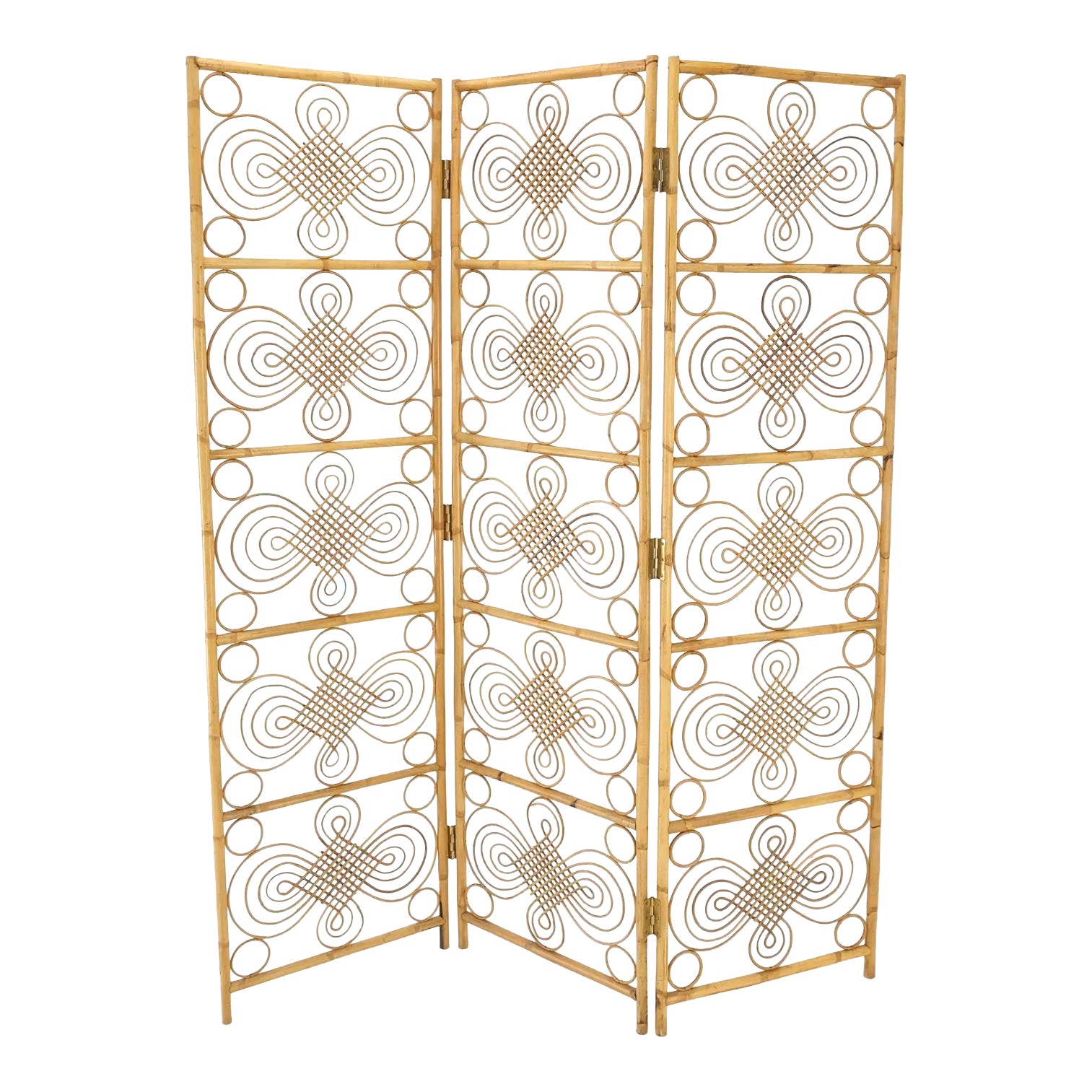 Mid Century Stunning Pattern Three Panel Bamboo Rattan Room Divider Screen Chairish