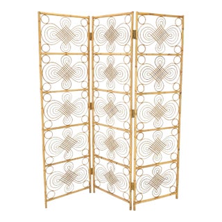 Mid Century Stunning Pattern Three Panel Bamboo Rattan Room Divider Screen For Sale