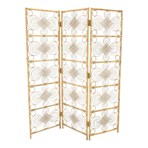 Mid Century Stunning Pattern Three Panel Bamboo Rattan Room Divider Screen