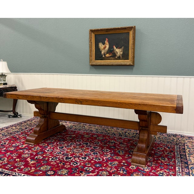 Brown Antique French Country Farm Dining Table Farmhouse Trestle Base Honey Oak For Sale - Image 8 of 17