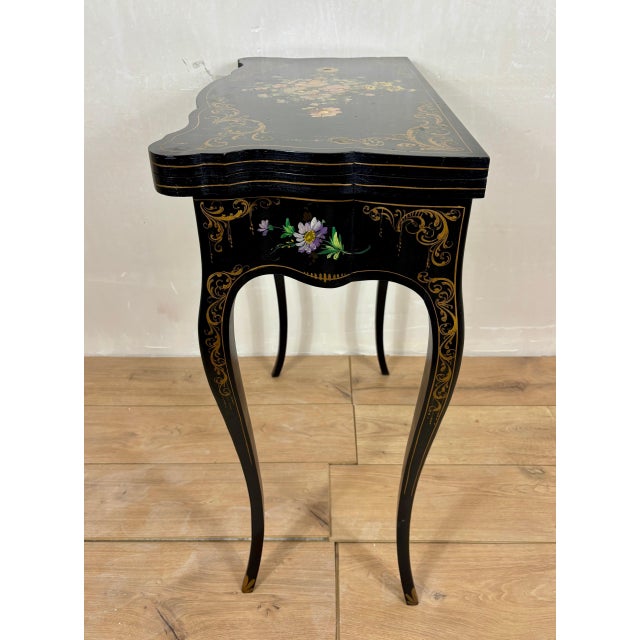 Chinese Black Lacquer Games Table with Hand-Painted Floral Decoration For Sale - Image 15 of 18