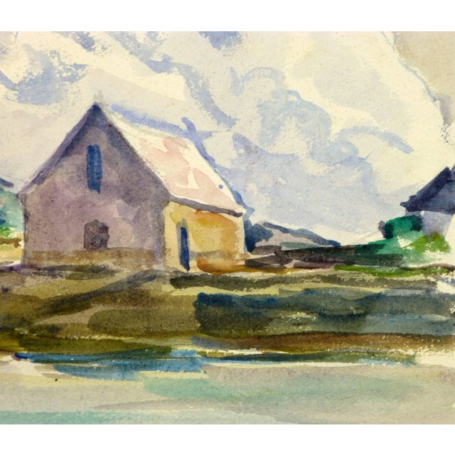 Mid-century watercolor by French artist C. Groux, circa 1940. Original artwork on paper displayed on a white mat with a...