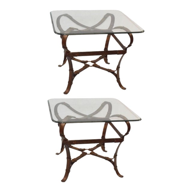 Pair, Jacques Adnet for Hermes Style Equestrian Motif Iron & Glass Side Tables For Sale