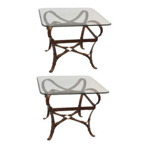 Pair, Jacques Adnet for Hermes Style Equestrian Motif Iron & Glass Side Tables