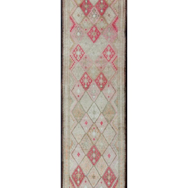 Vintage Turkish Oushak Runner in Soft Gray, Coral, and Ivory With Diamond Design For Sale - Image 4 of 13