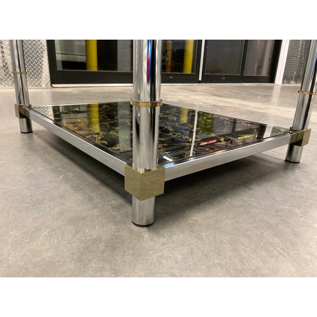 1980s Mid-Century Modern Chrome & Brass Tiered Glass End Table For Sale - Image 11 of 13