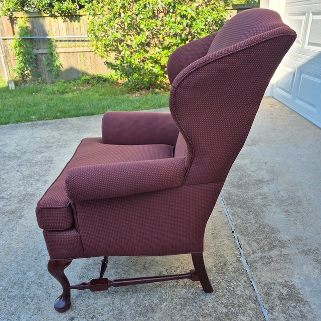 2000s Pennsylvania House Manor Burgundy Chippendale Style Wingback Arm Chair Mahogany Legs For Sale - Image 9 of 13