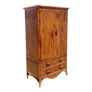 Vintage Coastal Bamboo Armoire For Sale
