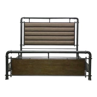 Vintage Farmhouse Steampunk Style Metal & Wood Upholstered King Bed For Sale
