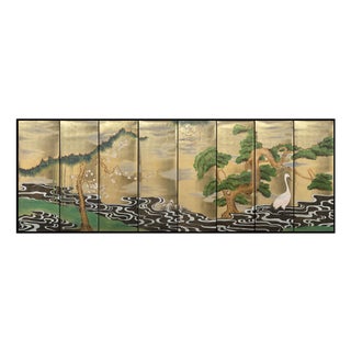 Gold Leaf Japanese Style Hand-Painted Pine, Bamboo & Crane Wall Panels (Set of 8) For Sale