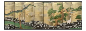Gold Leaf Japanese Style Hand-Painted Pine, Bamboo & Crane Wall Panels (Set of 8)