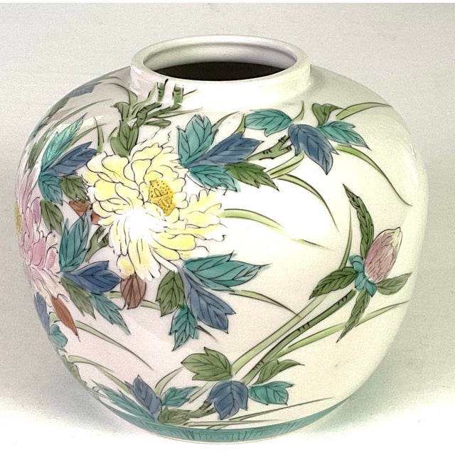 White Vintage L J Japan, Hand Painted Peonies on Porcelain Globular Vase For Sale - Image 8 of 8