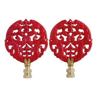Red Dragon Lamp Finials on Brass Hardware - A Matching Pair For Sale