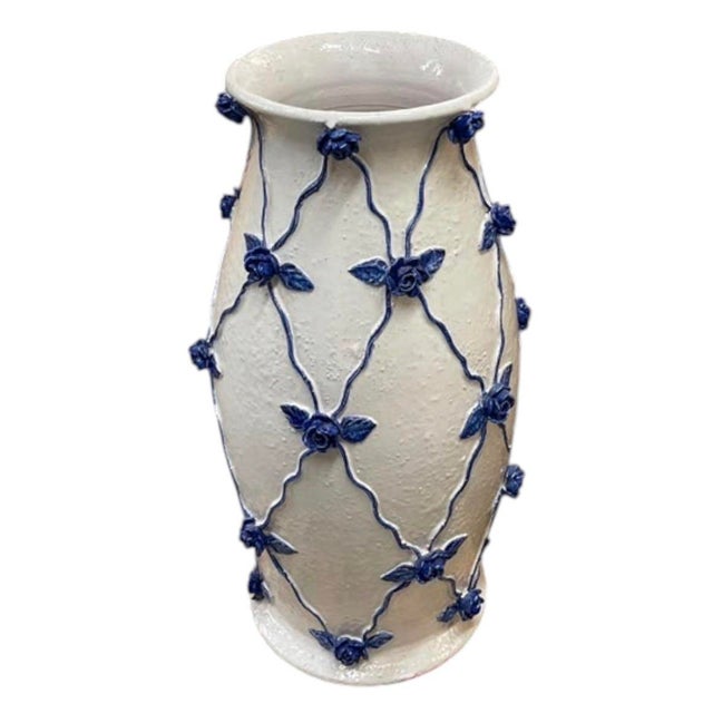 2000 - 2009 Vintage Italian Hand-Crafted Ceramic Lattice & Cobalt Blue Rose Urn Vase For Sale - Image 5 of 12