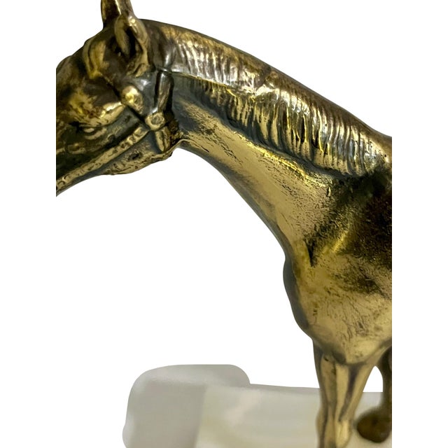 Vintage Brass Equestrian Horse Bookends on White Marble Bases – Pair of Western Style Horse Sculptures For Sale - Image 10 of 14
