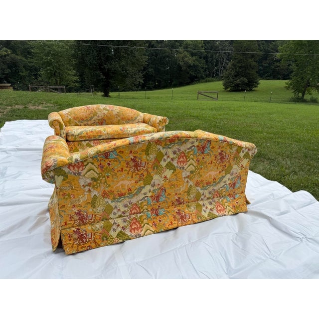 Saffron Mid-Century Chinoiserie Loveseat Sofas - A Pair For Sale - Image 8 of 16