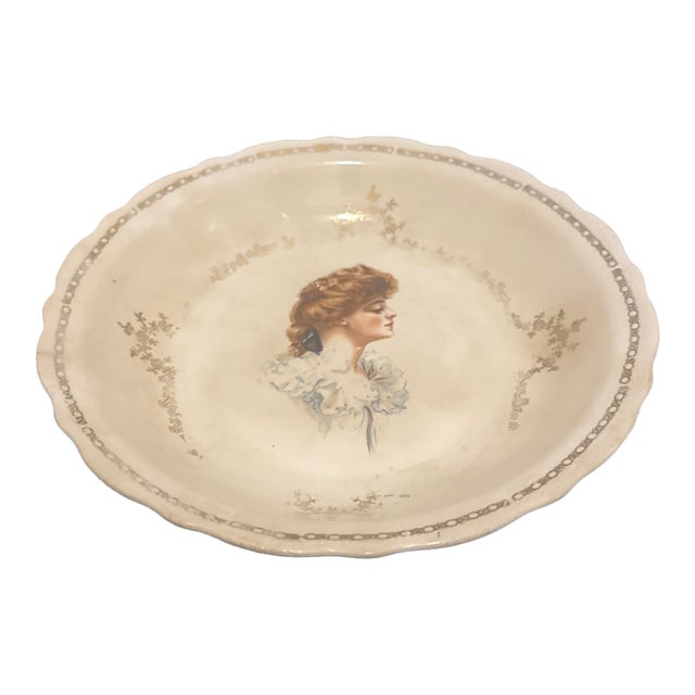 Antique Gibson Girl Porcelain Portrait Bowl Scalloped Gold Rim Fair Vintage Condition For Sale