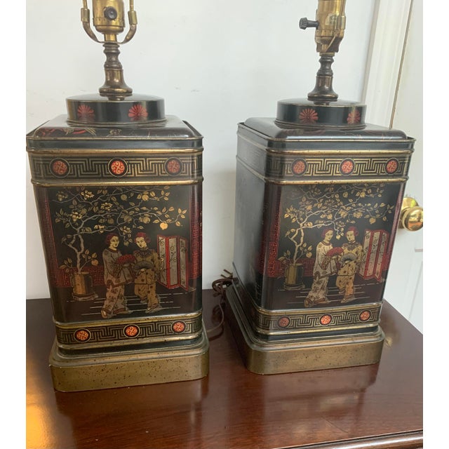 Asian Vintage Asian Fredrick Cooper Tin Tea Table Lamp - a Pair For Sale - Image 3 of 11