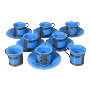 Antique Chinese Export Cornflower Blue Peking Glass Demitasse Service Fourteen Piece Set For Sale