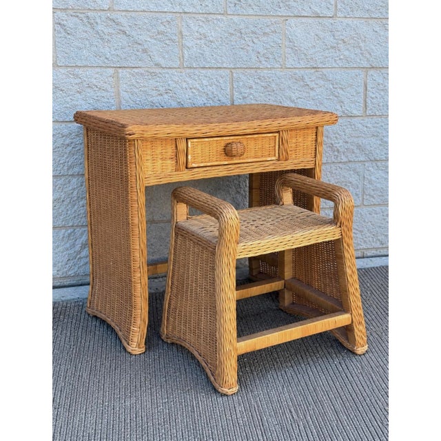 Vintage Wicker Vanity Set With Arched Mirror and Matching Stool For Sale - Image 4 of 12