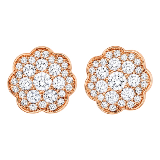 Mid 20th Century 14k Pink Rose Gold Diamond Flower Stud Earrings, Pair For Sale